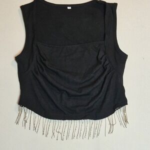 Black Rhinestone‎ Fringe Crop Top Stretch Ribbed Tank Party Clubwear Y2K Style
